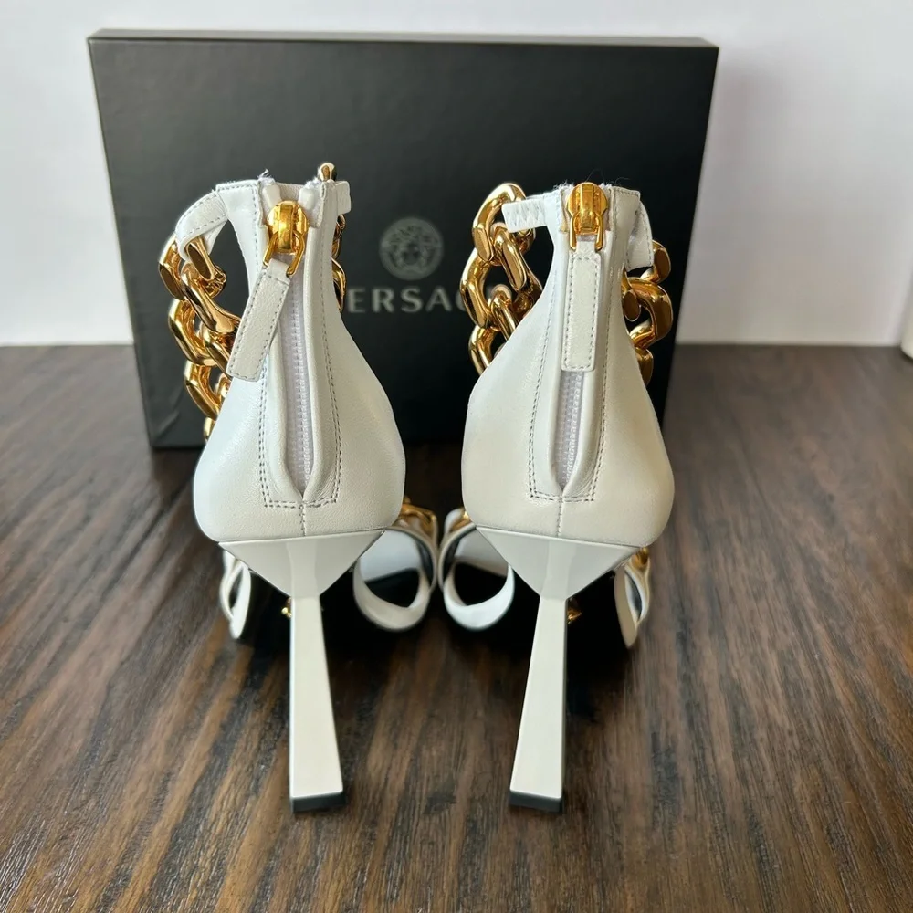 Versace Authentic White And Gold Medusa Chain Leather Sandals Heels Womens 8 - Picture 9 of 16